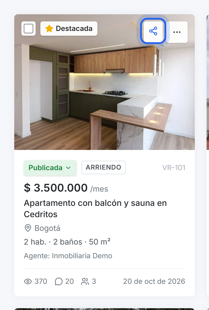 Tarjeta de propiedad con el botón de compartir resaltado