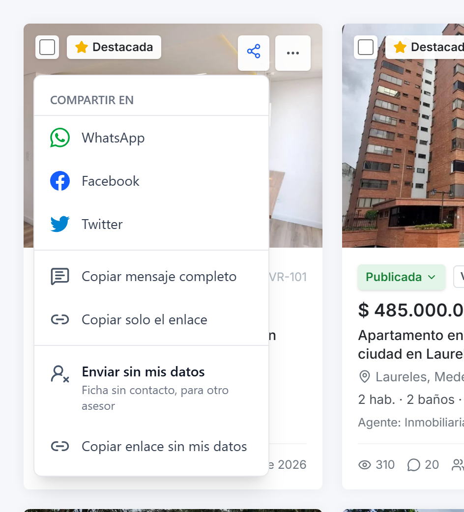 Menú Compartir en con WhatsApp, Facebook, copiar mensaje y copiar enlace