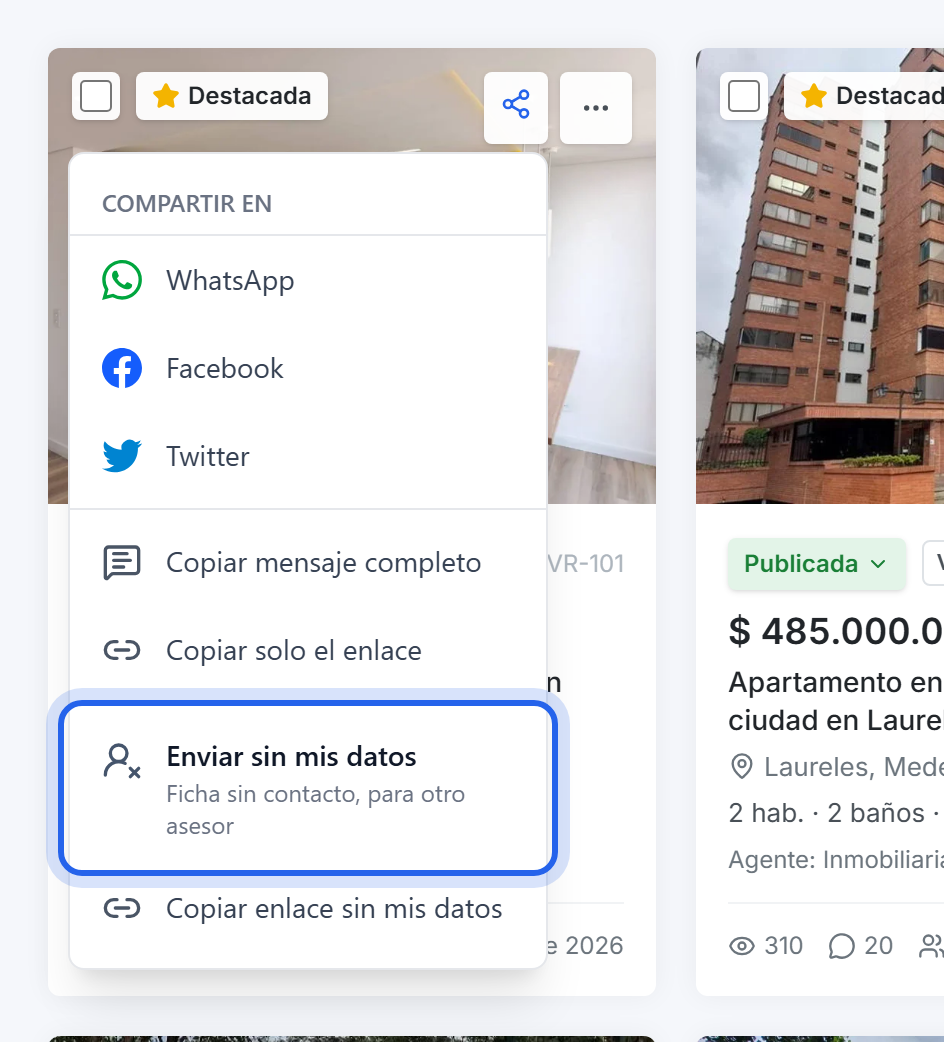 Menú de compartir con la opción Enviar sin mis datos resaltada