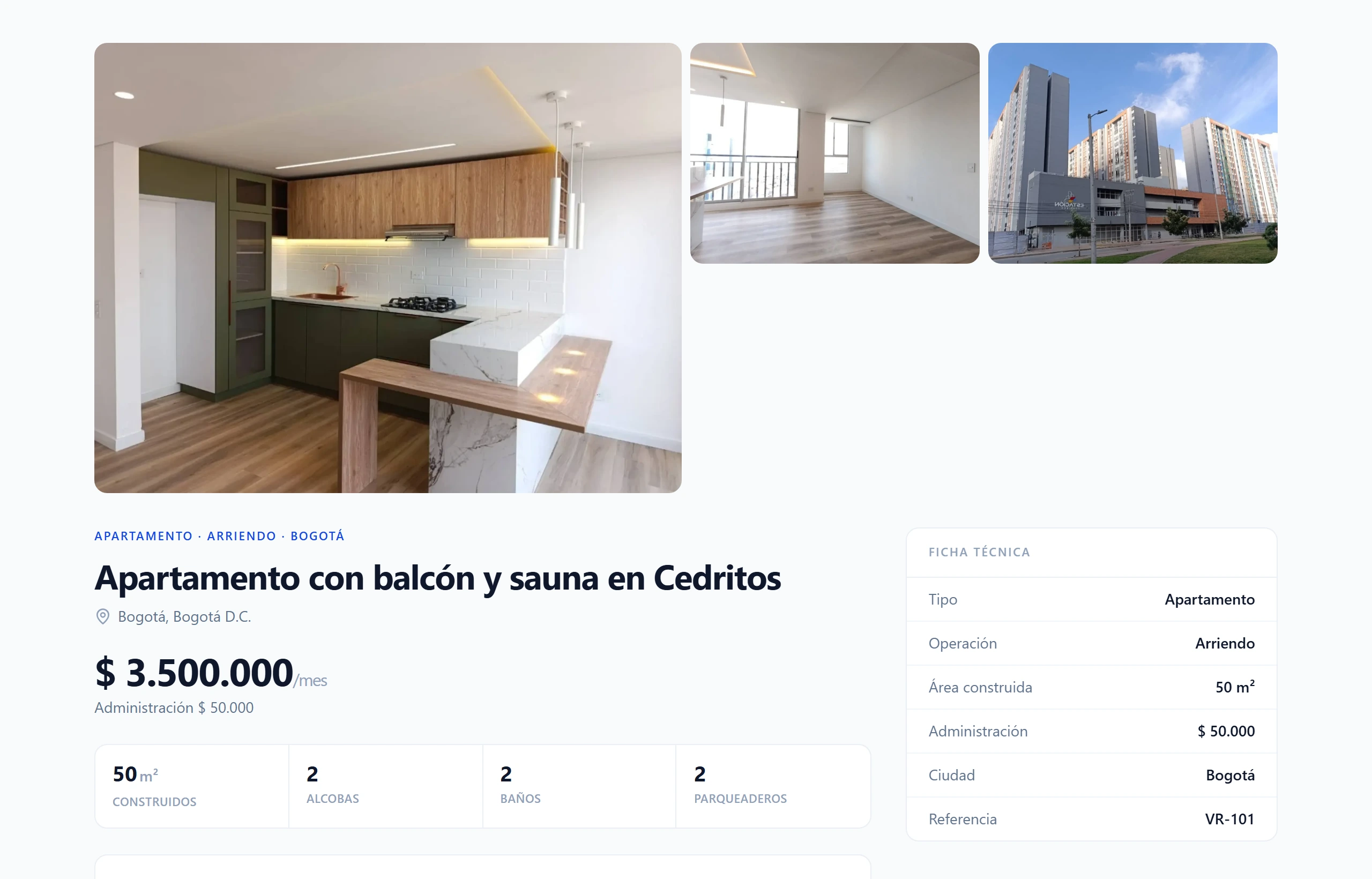 Ficha de la propiedad sin datos del asesor: fotos, precio, alcobas, baños y ficha técnica