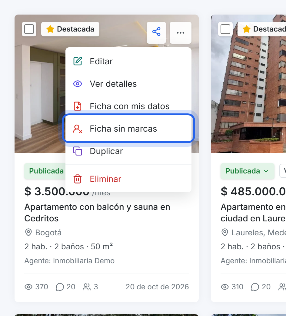 Menú Más acciones con la opción Ficha sin marcas resaltada