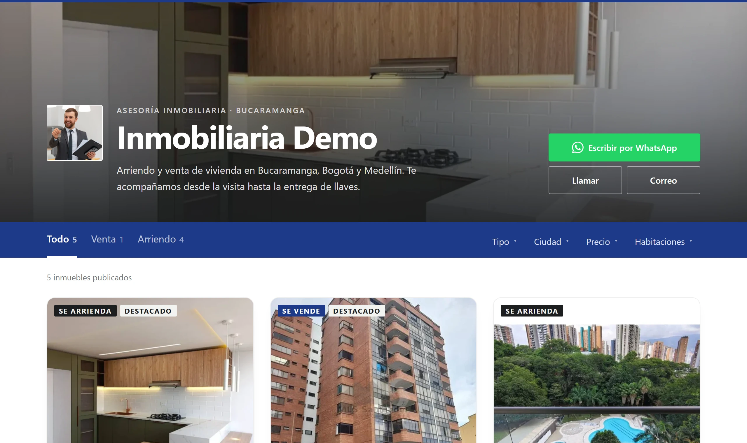Vitrina pública de Inmobiliaria Demo con su portada y propiedades