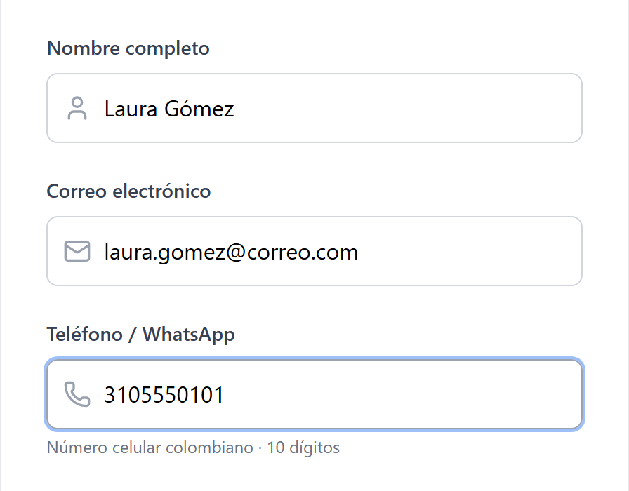 Formulario de registro con nombre, correo y teléfono