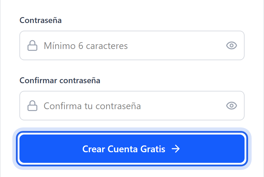 Campos de contraseña y botón Crear Cuenta Gratis resaltado