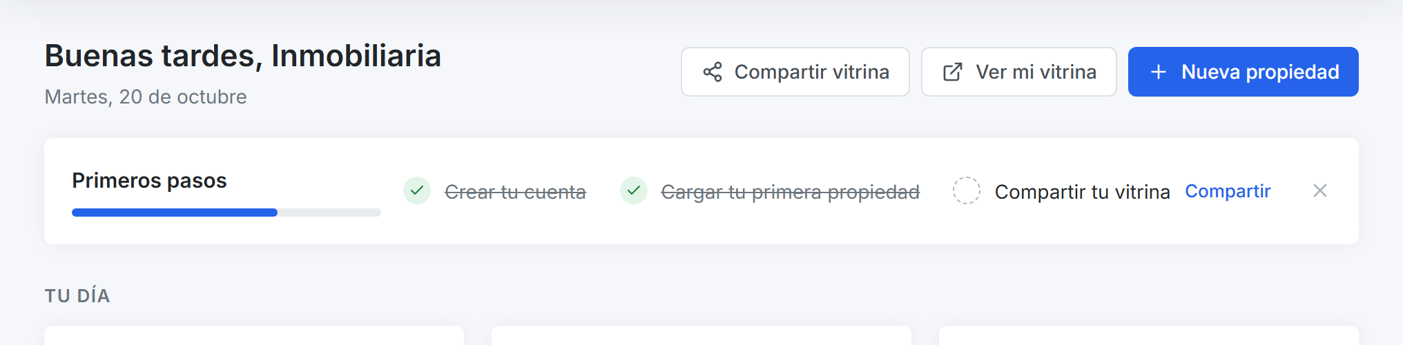 Panel de inicio con la tarjeta Primeros pasos