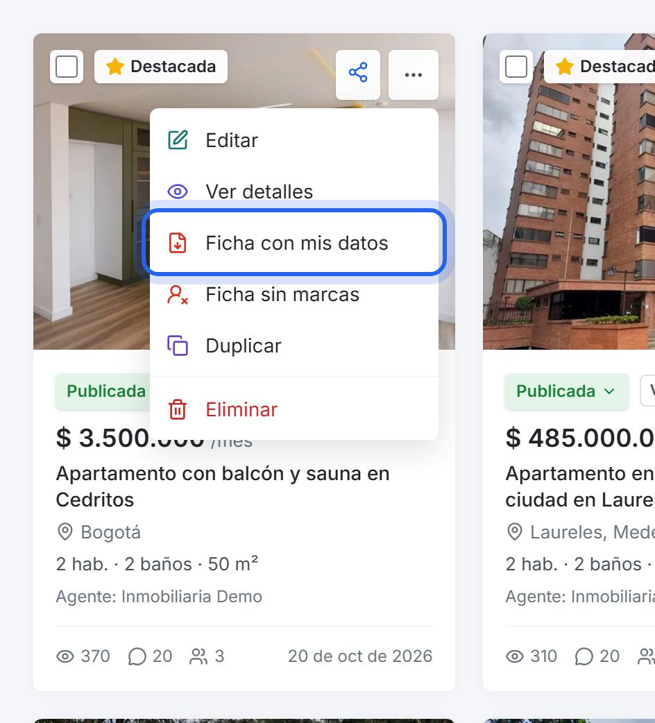 Menú Más acciones con Ficha con mis datos resaltado y Ficha sin marcas