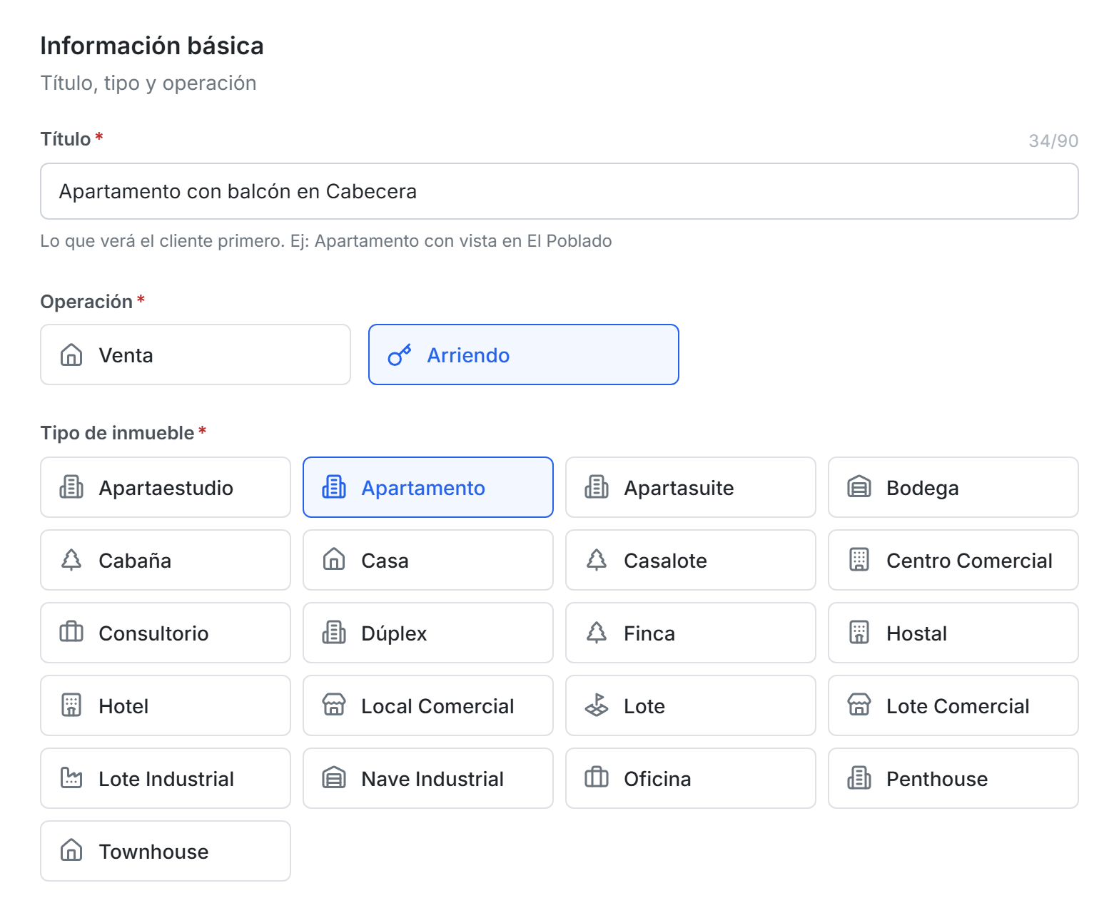 Paso Información básica con título, operación Arriendo y tipo Apartamento
