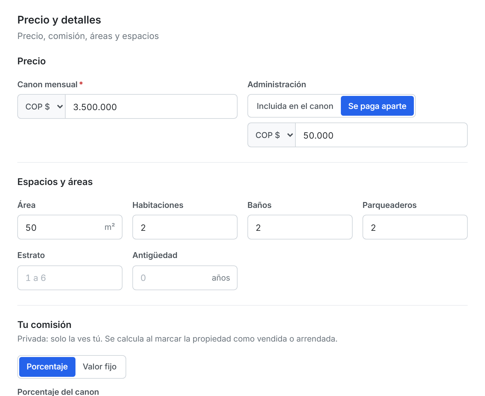 Paso Precio y detalles con canon, administración, áreas y comisión