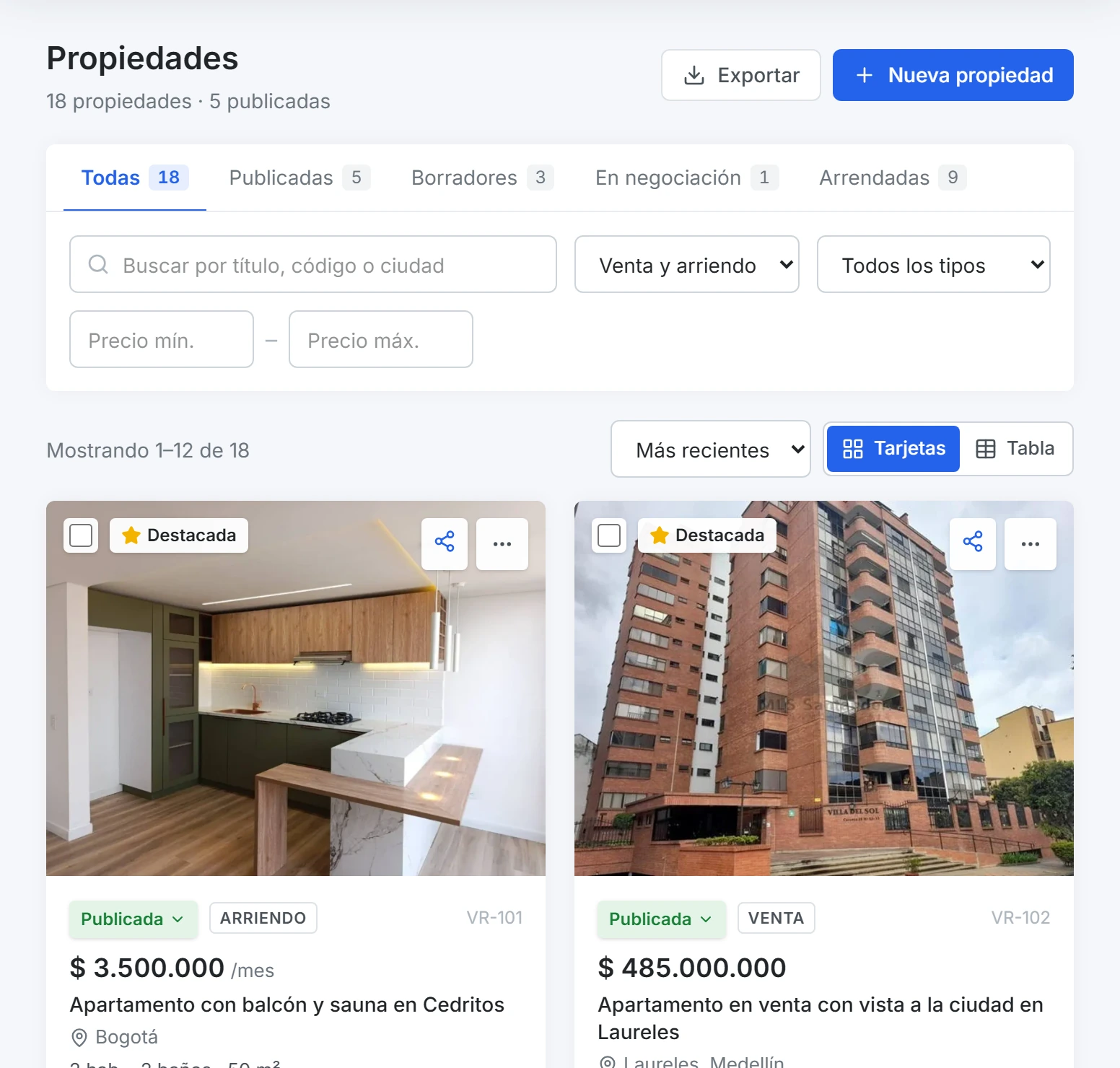 Listado de propiedades con su estado, precio y acciones disponibles