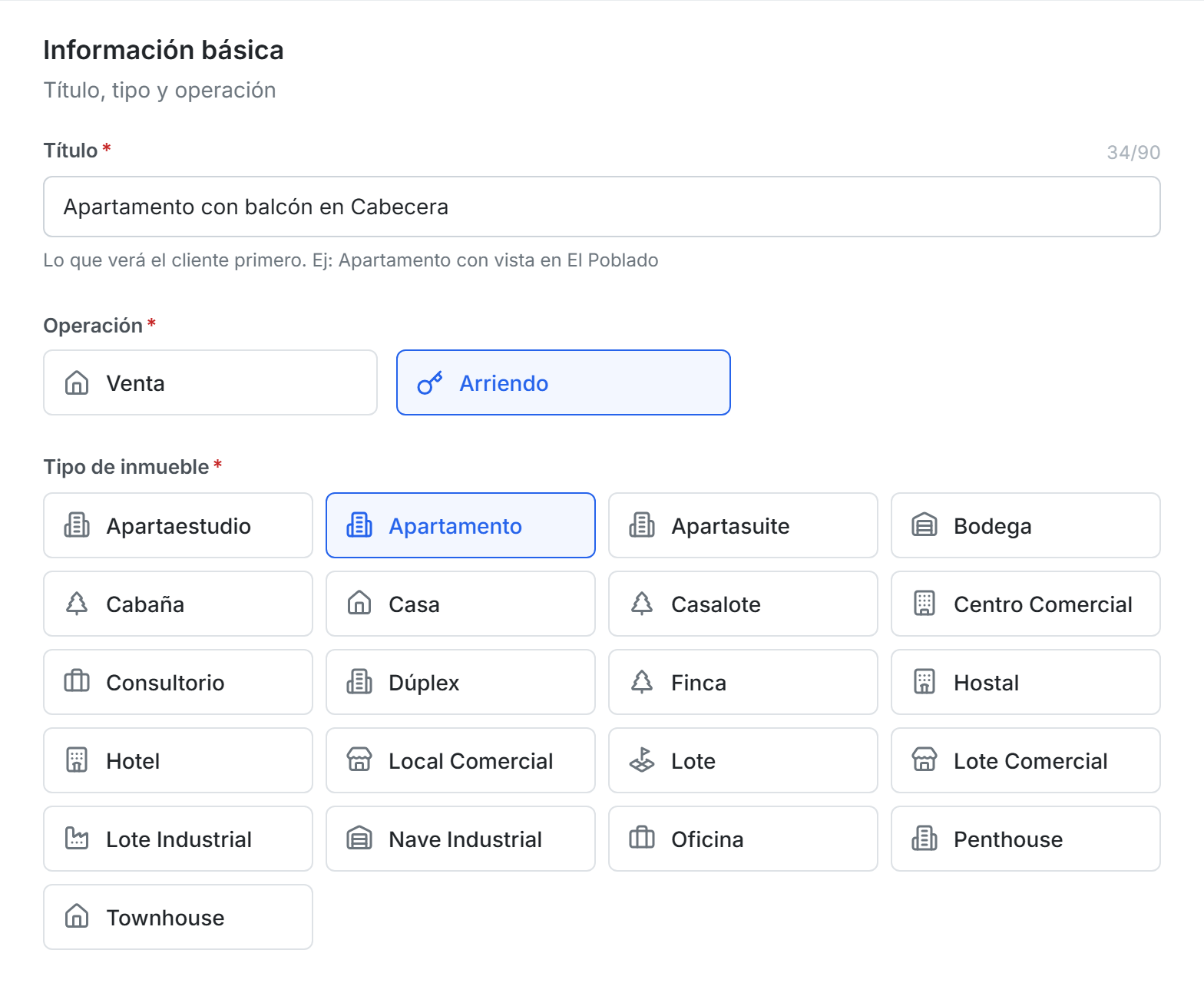 Formulario de creación de una propiedad, con generación de descripción por IA