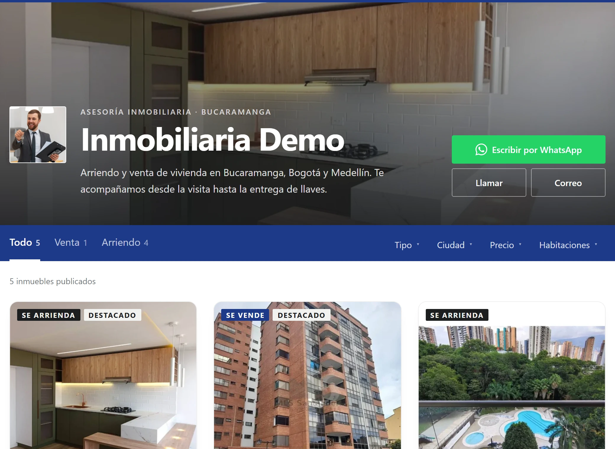 Vitrina pública de un agente con su portafolio y filtros de búsqueda