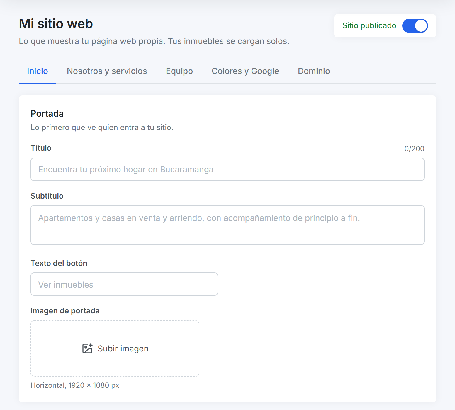 Editor del sitio web: portada, servicios, equipo y contacto