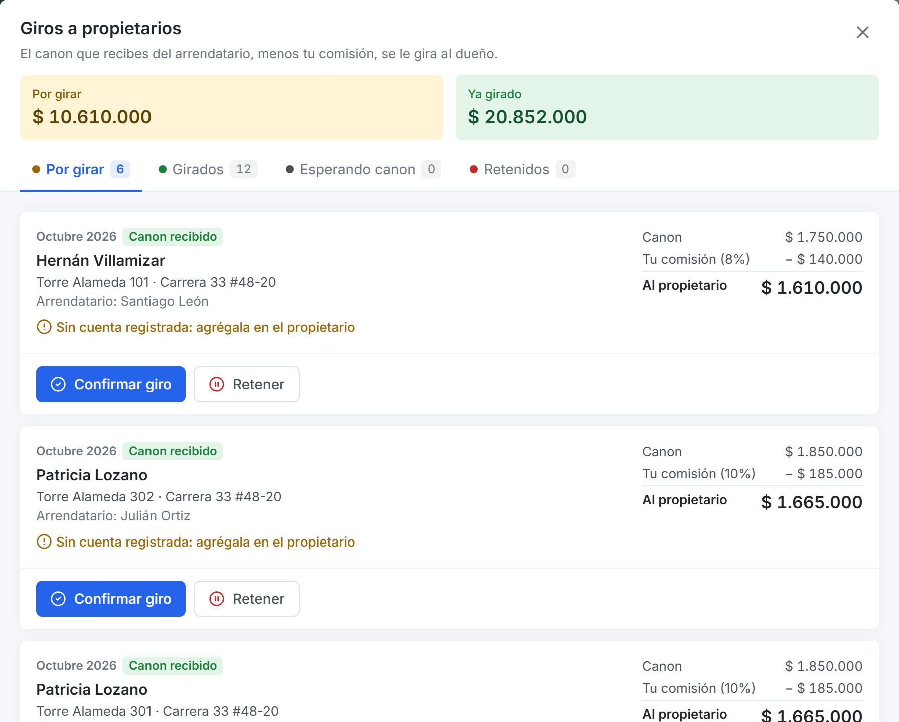 Liquidación al propietario: canon recibido, comisión y neto a girar