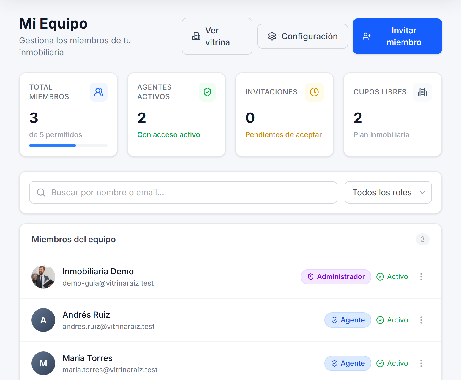 Gestión de usuarios del equipo con sus roles y permisos