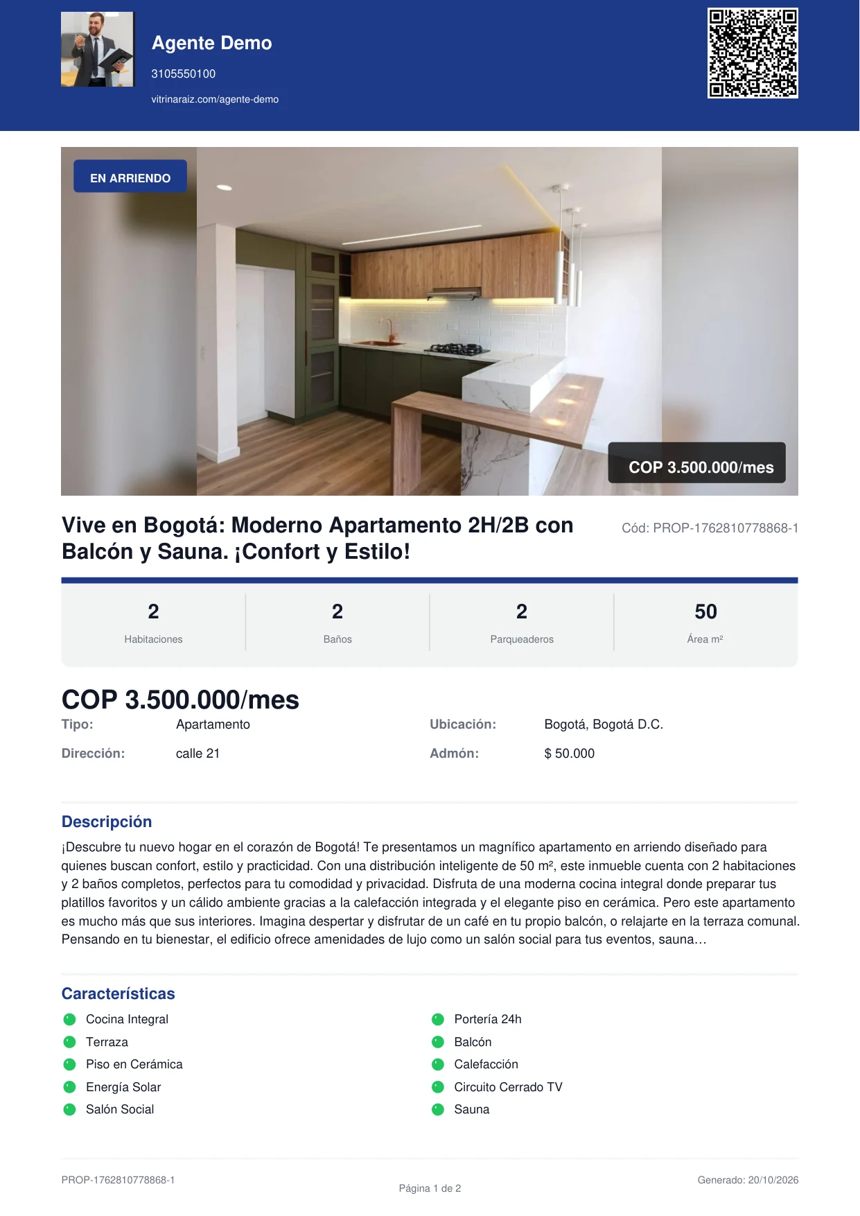 Primera página de la ficha en PDF con foto, precio, características, logo, datos y QR