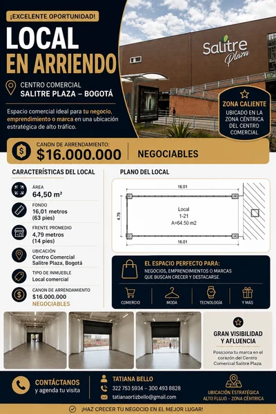 LOCAL COMERCIAL EN ARRIENDO – SALITRE PLAZA, BOGOTÁ
